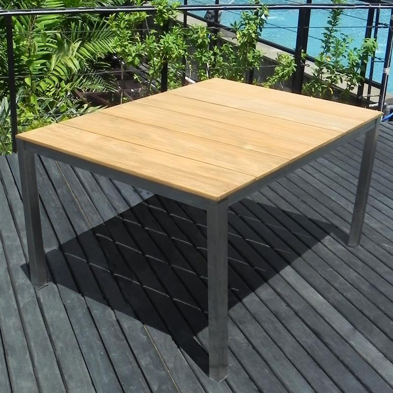 Table à manger Fides 150 x 100 x 75 cm en teck vintage avec structure en acier inoxydable