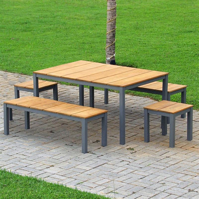 Ensemble Fides Color Bank 150/2/2 composé d'une table 150 x 100 avec 2 bancs de jardin et 2 tables d'appoint/tabourets