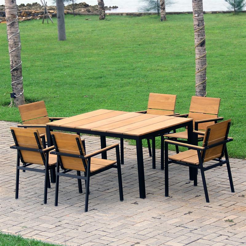 Ensemble de chaises empilables Fides Color 150 en teck de qualité A avec structure en aluminium composé d'une table Fides Color 150 x 100 et de chaises empilables Fides Color