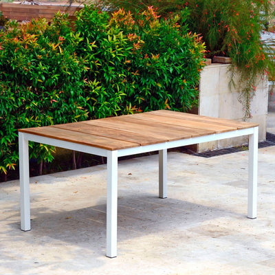 Ensemble de chaises empilables Fides Color 150 en teck de qualité A avec structure en aluminium composé d'une table Fides Color 150 x 100 et de chaises empilables Fides Color