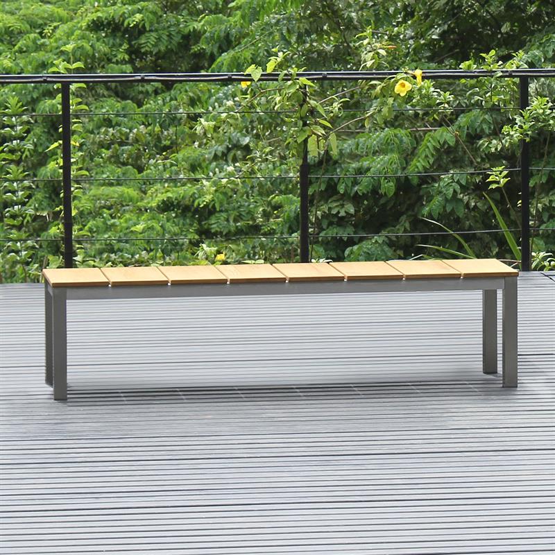 Ensemble de bancs Fides 200/2 en teck de qualité A avec acier inoxydable composé d'une table à manger Fides 200 x 100 et de 2 bancs Fides 180 sans dossier