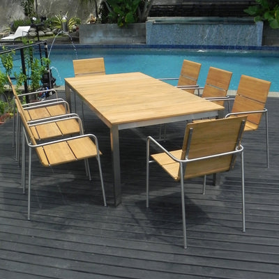 Ensemble de chaises empilables Fides 200 en teck de qualité A avec structure en acier inoxydable composé d'une table à manger Fides 200 x 100 et de chaises empilables Fides en teck de qualité A avec structure en acier inoxydable
