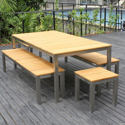 Ensemble de bancs Fides 200/2/2 en teck de qualité A avec structure en acier inoxydable composé d'une table à manger Fides 200 x 100 et de 2 bancs de jardin Fides sans dossier 180 x 45 avec 2 tabourets/tables d'appoint Fides 45 x 45