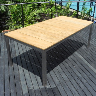 Fides Bank Set 200/2 Teak Grade A mit Edelstahl bestehend aus Fides Esstisch 200 x 100 und 2x Fides Bänke 180 ohne Rückenlehne
