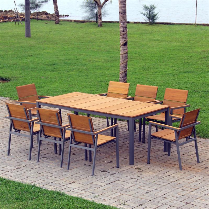 Ensemble de chaises empilables Fides Color 200 en teck de qualité A avec structure en aluminium composé d'une table Fides Color 200 x 100 avec des chaises empilables Fides Color
