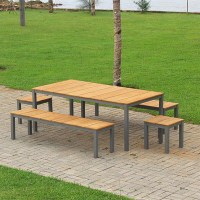 Ensemble de banque Fides Color Bank 200/2/2 en teck de qualité A avec structure en aluminium composé d'une table avec 2 bancs de jardin et 2 tables d'appoint/tabourets