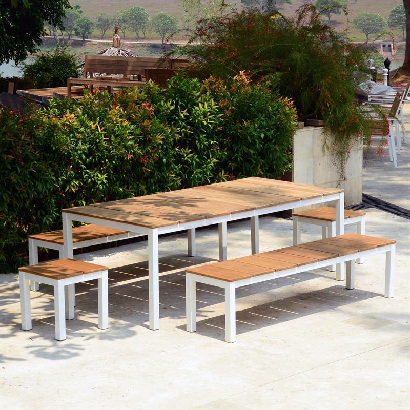 Ensemble de banque Fides Color Bank 200/2/2 en teck de qualité A avec structure en aluminium composé d'une table avec 2 bancs de jardin et 2 tables d'appoint/tabourets