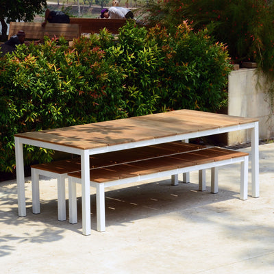 Ensemble de banque Fides Color 200/2 en teck de qualité A avec structure en aluminium composé d'une table 200 x 100 avec 2 bancs de jardin 180 x 45
