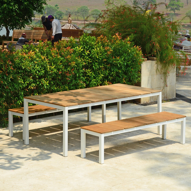 Ensemble de banque Fides Color 200/2 en teck de qualité A avec structure en aluminium composé d'une table 200 x 100 avec 2 bancs de jardin 180 x 45