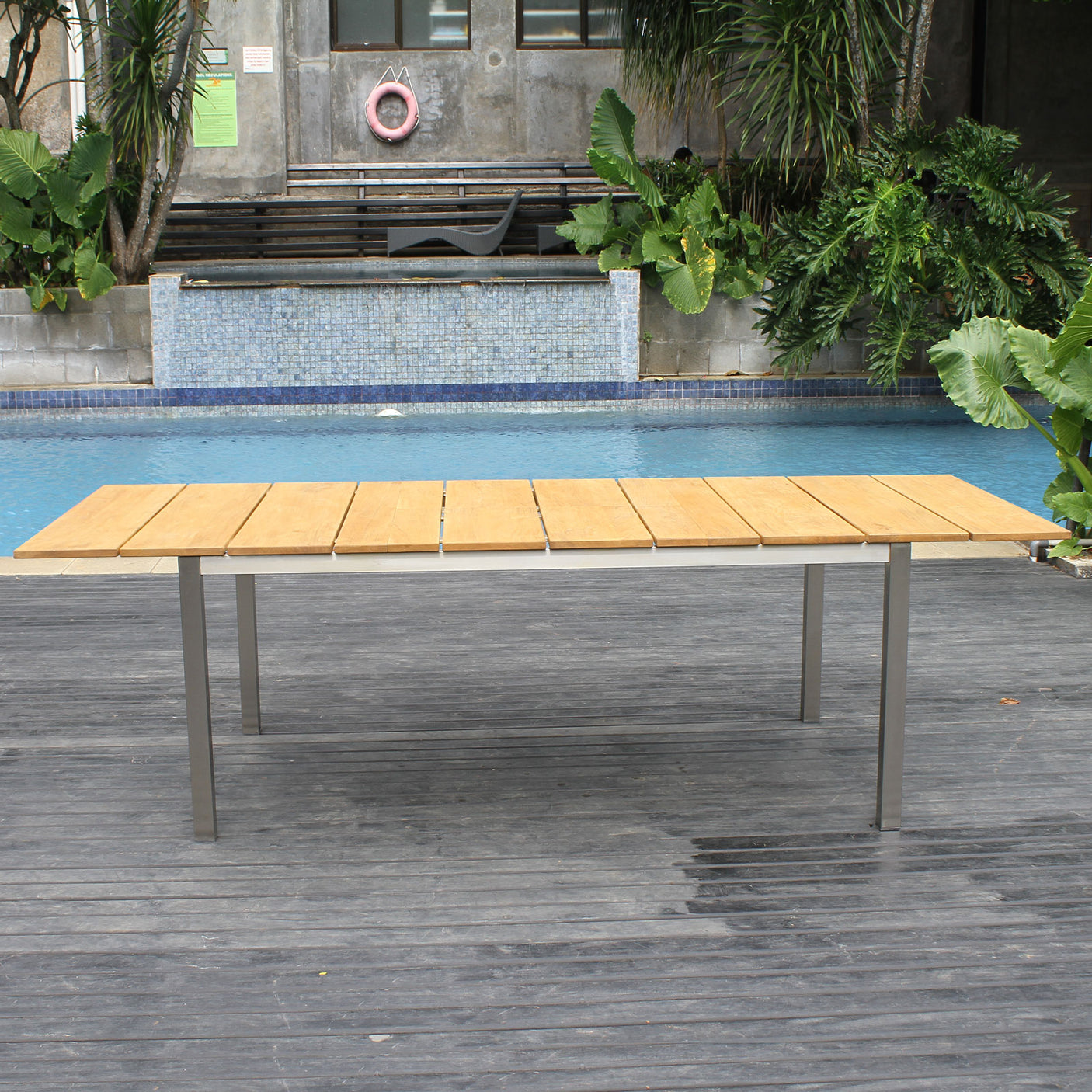 Fides stacking chair set 250 consisting of Fides extending table 250/175 x 100 and Fides stacking chairs Teak Grade A with stainless steel
