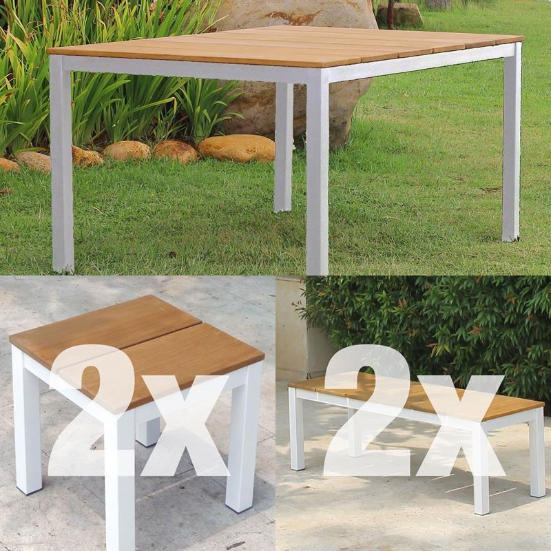 Ensemble Fides Color Bank 150/2/2 composé d'une table 150 x 100 avec 2 bancs de jardin et 2 tables d'appoint/tabourets