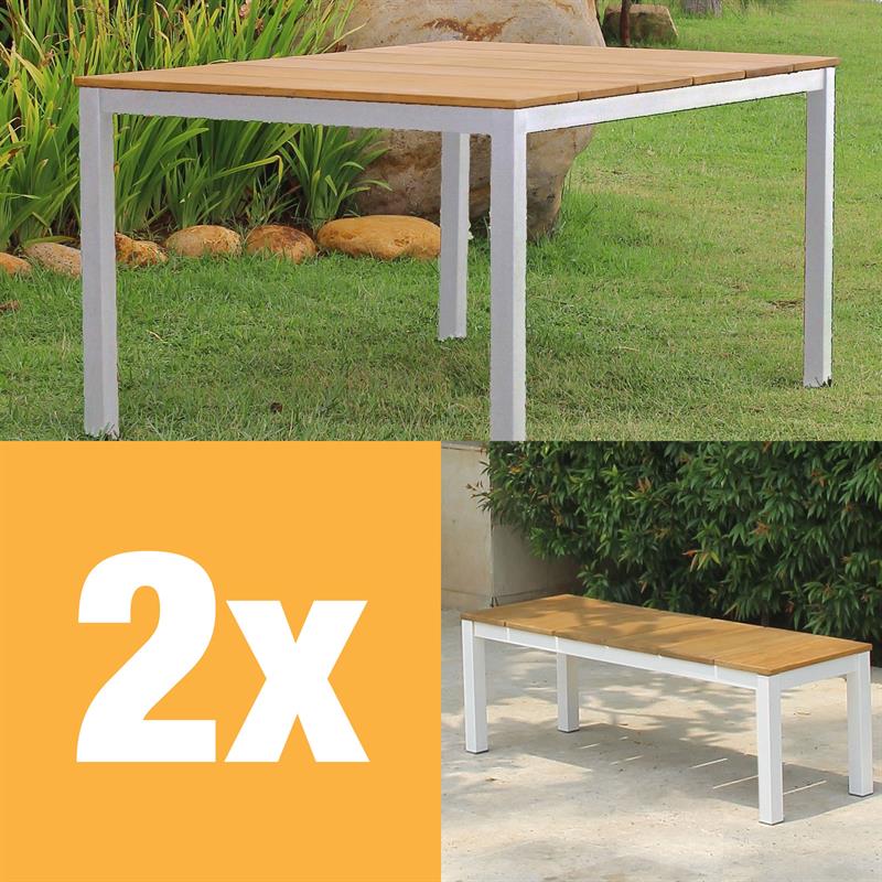Ensemble de banque Fides Color Bank 150/2 en teck de qualité A avec structure en aluminium composé d'une table avec 2 bancs de jardin
