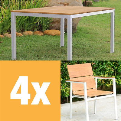 Ensemble de chaises empilables Fides Color 150 en teck de qualité A avec structure en aluminium composé d'une table Fides Color 150 x 100 et de chaises empilables Fides Color