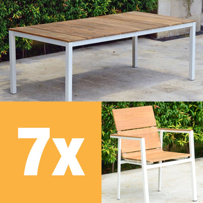 Ensemble de chaises empilables Fides Color 200 en teck de qualité A avec structure en aluminium composé d'une table Fides Color 200 x 100 avec des chaises empilables Fides Color