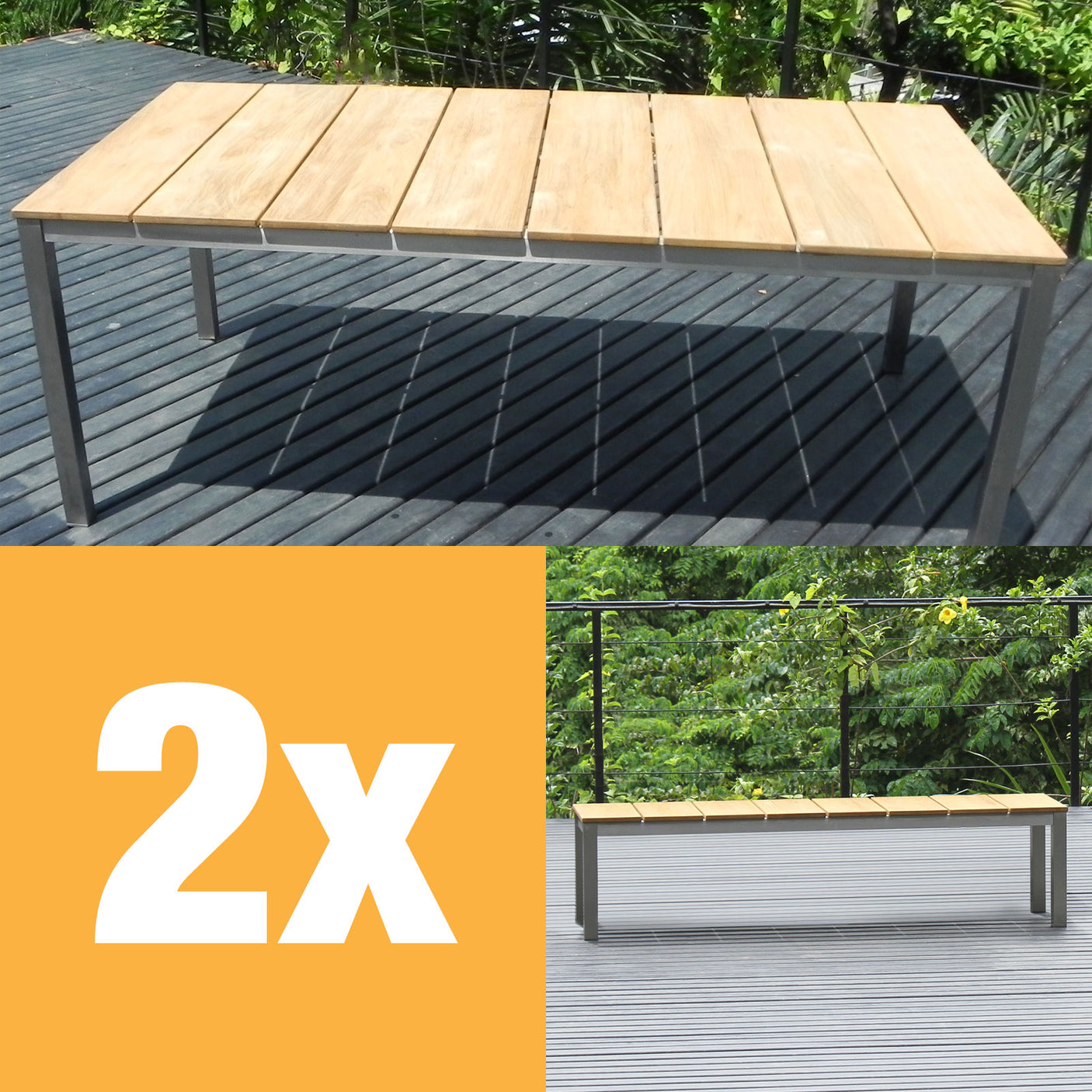 Ensemble de bancs Fides 200/2 en teck de qualité A avec acier inoxydable composé d'une table à manger Fides 200 x 100 et de 2 bancs Fides 180 sans dossier