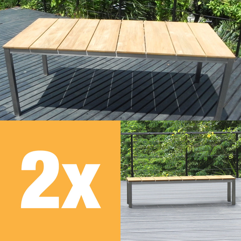 Fides Bank Set 200/2 Teak Grade A mit Edelstahl bestehend aus Fides Esstisch 200 x 100 und 2x Fides Bänke 180 ohne Rückenlehne