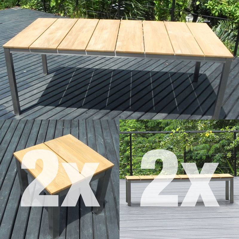 Ensemble de bancs Fides 200/2/2 en teck de qualité A avec structure en acier inoxydable composé d'une table à manger Fides 200 x 100 et de 2 bancs de jardin Fides sans dossier 180 x 45 avec 2 tabourets/tables d'appoint Fides 45 x 45
