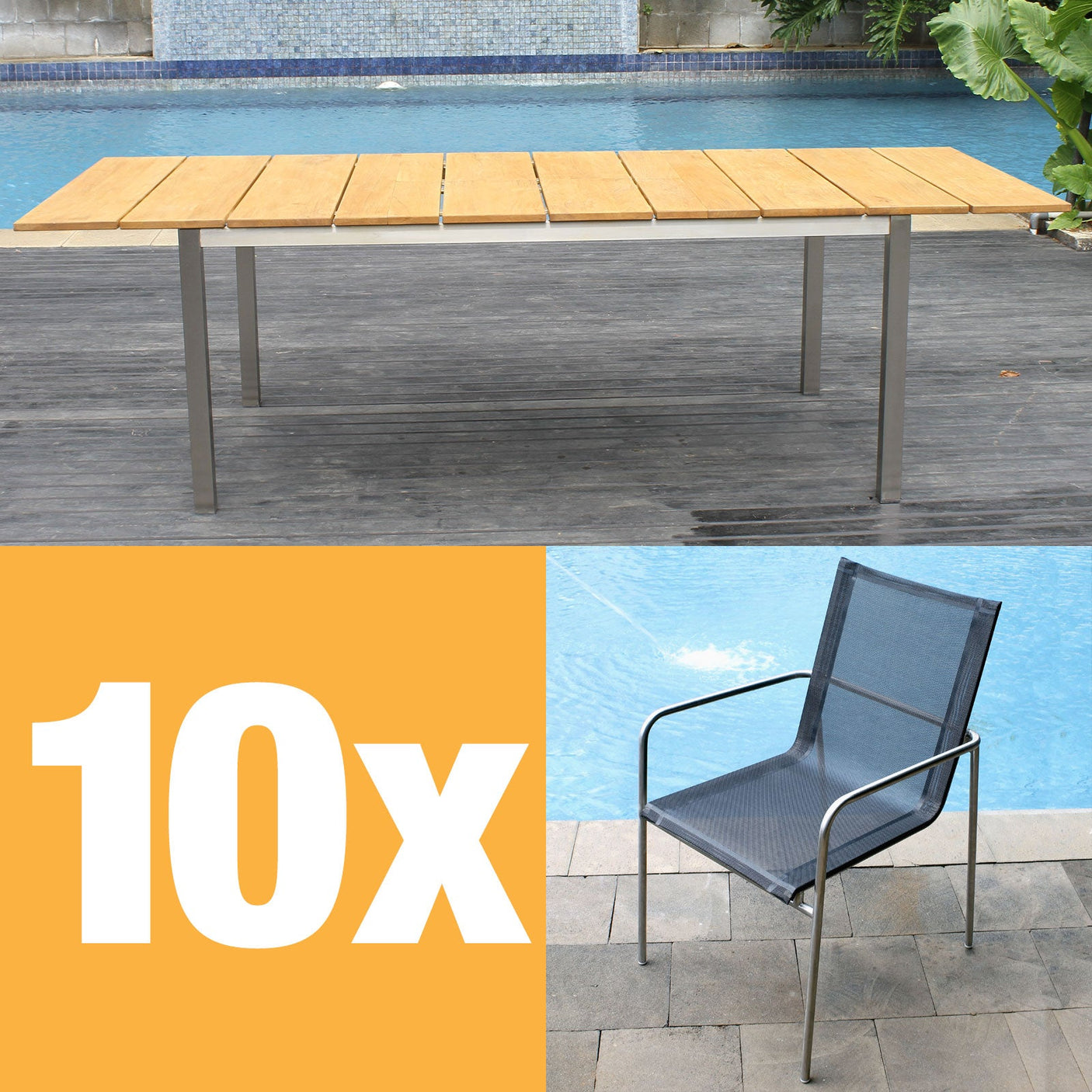 Ensemble de chaises empilables Fides 250 composé d'une table extensible Fides 250/175 x 100 et de chaises empilables Fides en acier inoxydable avec Batyline Bes