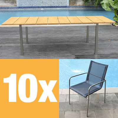 Ensemble de chaises empilables Fides 250 composé d'une table extensible Fides 250/175 x 100 et de chaises empilables Fides en acier inoxydable avec Batyline Bes