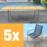 Ensemble de chaises empilables Fides 250 composé d'une table extensible Fides 250/175 x 100 et de chaises empilables Fides en acier inoxydable avec Batyline Bes