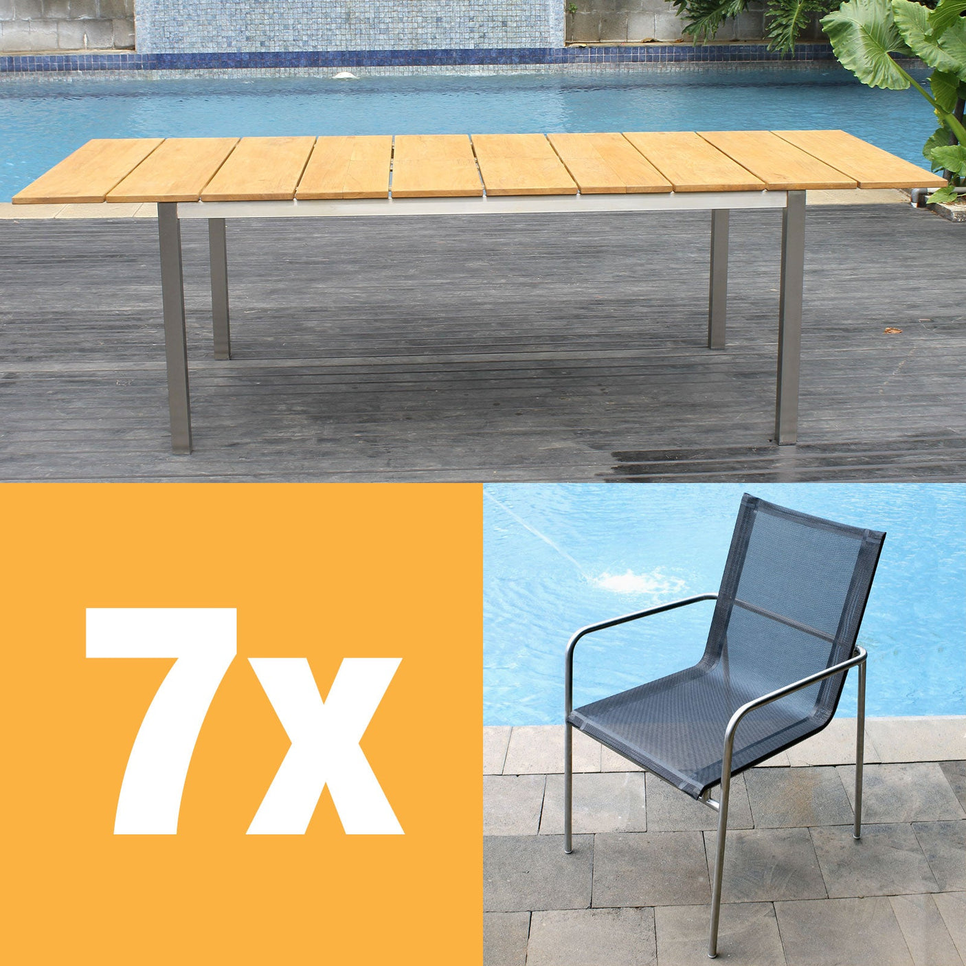 Ensemble de chaises empilables Fides 250 composé d'une table extensible Fides 250/175 x 100 et de chaises empilables Fides en acier inoxydable avec Batyline Bes