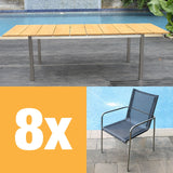 Ensemble de chaises empilables Fides 250 composé d'une table extensible Fides 250/175 x 100 et de chaises empilables Fides en acier inoxydable avec Batyline Bes