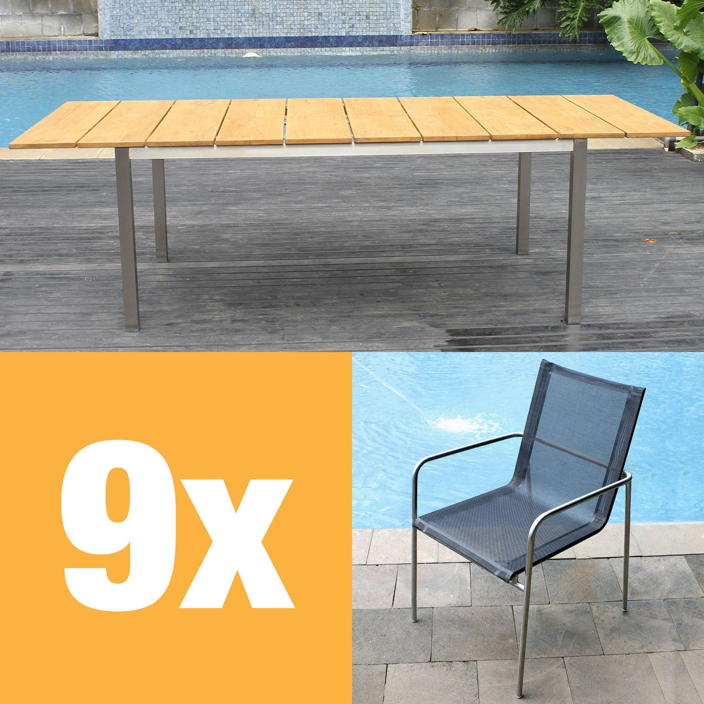 Ensemble de chaises empilables Fides 250 composé d'une table extensible Fides 250/175 x 100 et de chaises empilables Fides en acier inoxydable avec Batyline Bes