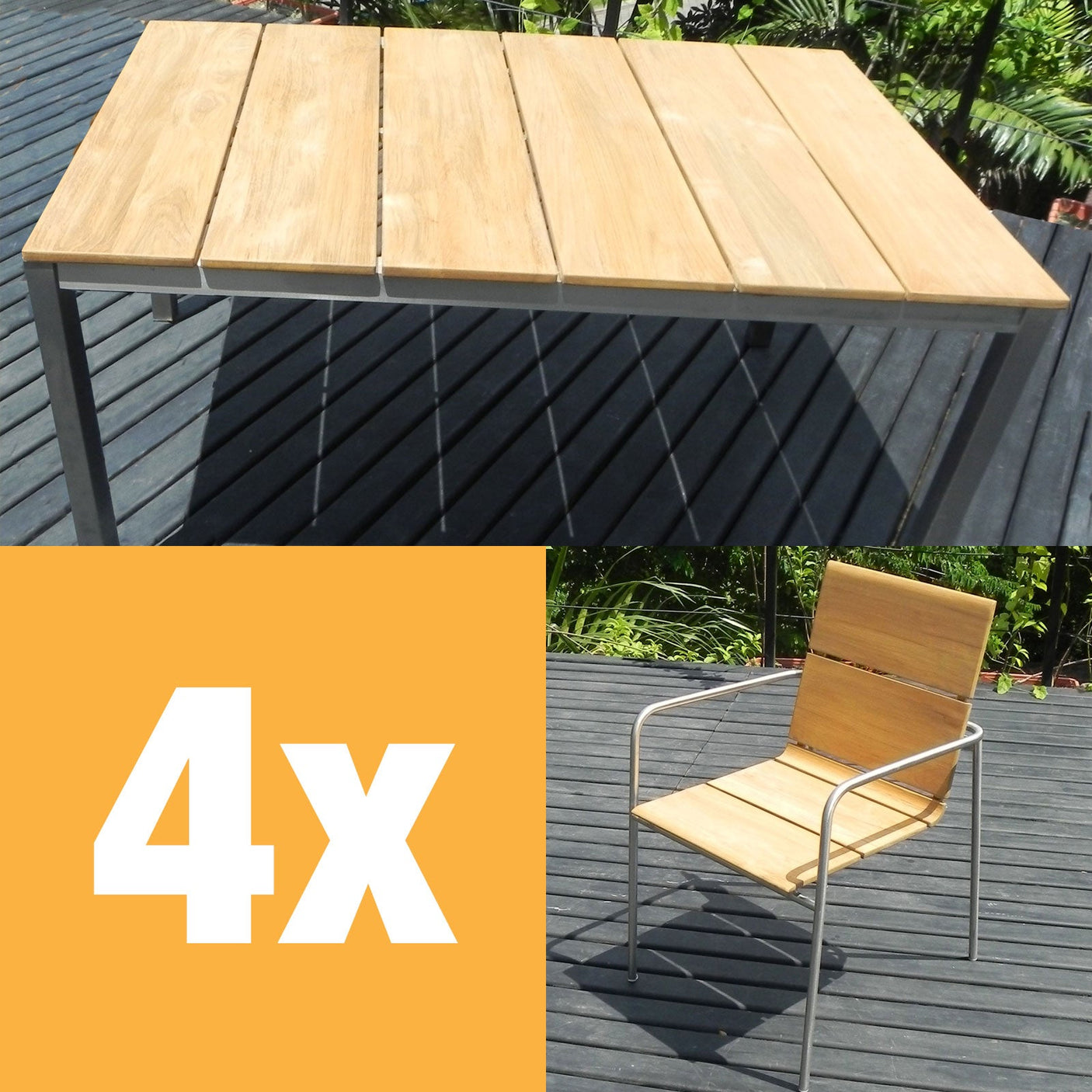 Ensemble de chaises empilables Fides 150 composé d'une table à manger Fides 150 x 100 et de chaises empilables Fides en teck avec acier inoxydable