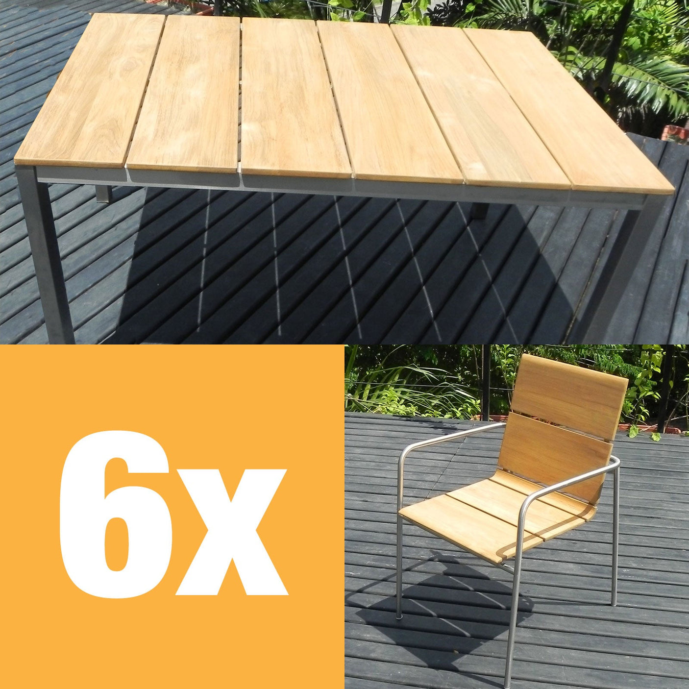 Ensemble de chaises empilables Fides 150 composé d'une table à manger Fides 150 x 100 et de chaises empilables Fides en teck avec acier inoxydable