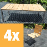 Fides Stapelstuhl Set 200 Teak Grade A mit Edelstahlgestell bestehend aus Fides Esstisch 200 x 100 und Fides Stapelstühlen Teak Grade A mit Edelstahlgestell