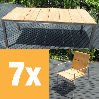 Ensemble de chaises empilables Fides 200 en teck de qualité A avec structure en acier inoxydable composé d'une table à manger Fides 200 x 100 et de chaises empilables Fides en teck de qualité A avec structure en acier inoxydable