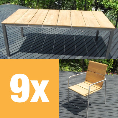 Ensemble de chaises empilables Fides 200 en teck de qualité A avec structure en acier inoxydable composé d'une table à manger Fides 200 x 100 et de chaises empilables Fides en teck de qualité A avec structure en acier inoxydable