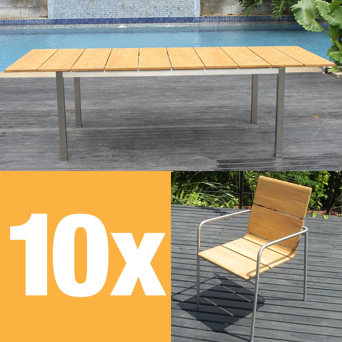 Fides stacking chair set 250 consisting of Fides extending table 250/175 x 100 and Fides stacking chairs Teak Grade A with stainless steel
