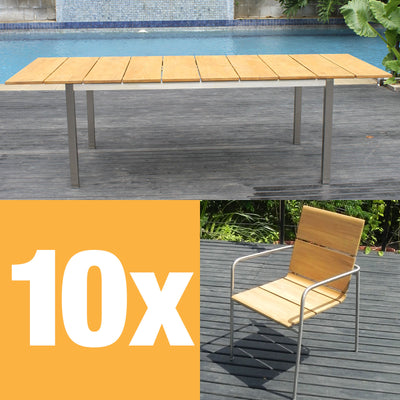 Ensemble de chaises empilables Fides 250 composé d'une table extensible Fides 250/175 x 100 et de chaises empilables Fides en teck de qualité A avec acier inoxydable