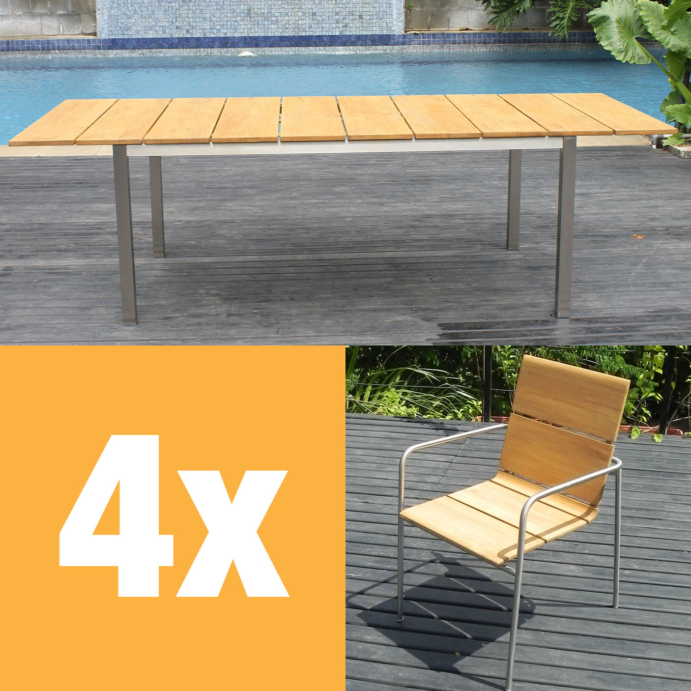 Fides stacking chair set 250 consisting of Fides extending table 250/175 x 100 and Fides stacking chairs Teak Grade A with stainless steel