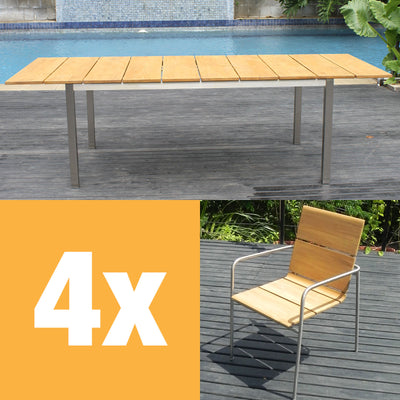 Ensemble de chaises empilables Fides 250 composé d'une table extensible Fides 250/175 x 100 et de chaises empilables Fides en teck de qualité A avec acier inoxydable