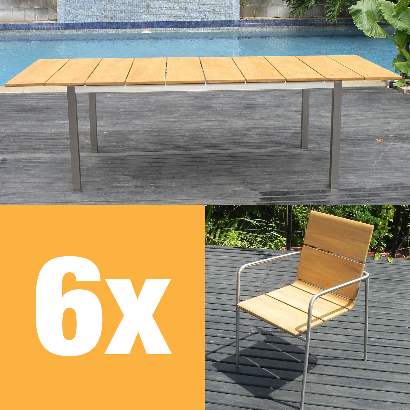 Fides stacking chair set 250 consisting of Fides extending table 250/175 x 100 and Fides stacking chairs Teak Grade A with stainless steel