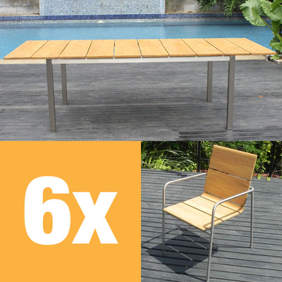 Ensemble de chaises empilables Fides 250 composé d'une table extensible Fides 250/175 x 100 et de chaises empilables Fides en teck de qualité A avec acier inoxydable