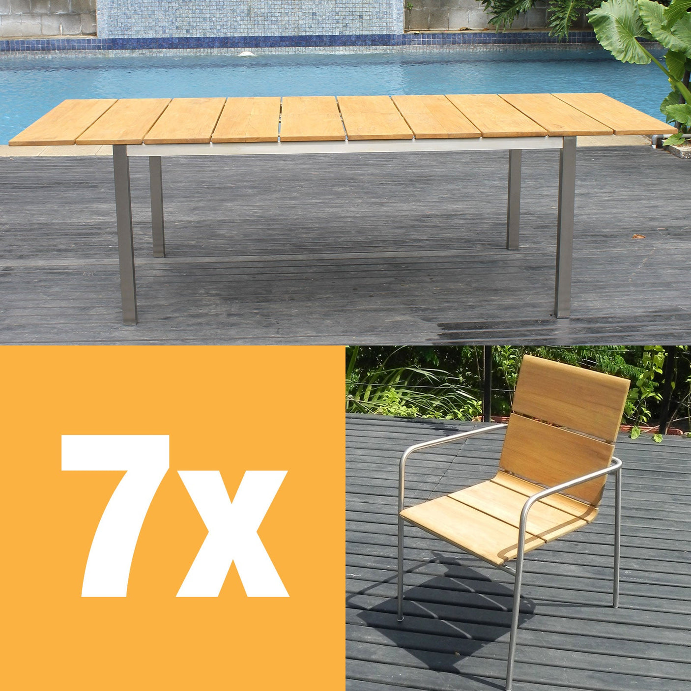 Fides stacking chair set 250 consisting of Fides extending table 250/175 x 100 and Fides stacking chairs Teak Grade A with stainless steel