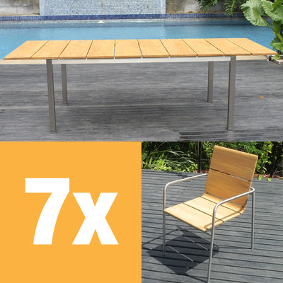 Ensemble de chaises empilables Fides 250 composé d'une table extensible Fides 250/175 x 100 et de chaises empilables Fides en teck de qualité A avec acier inoxydable