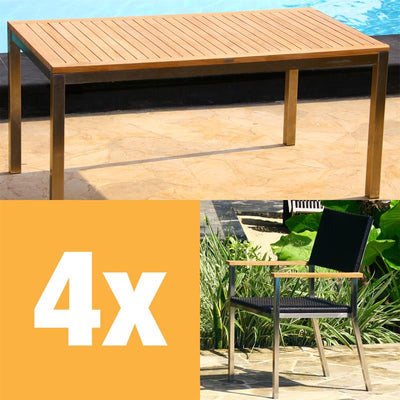 Ensemble Florence 160 composé d'une table à manger Florence 160 x 90 et de chaises empilables Florence en osier avec acier inoxydable et teck
