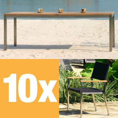 Ensemble Florence 210 composé d'une table à manger Florence 210 x 90 en teck avec acier inoxydable et d'une chaise empilable Florence en osier avec acier inoxydable et teck