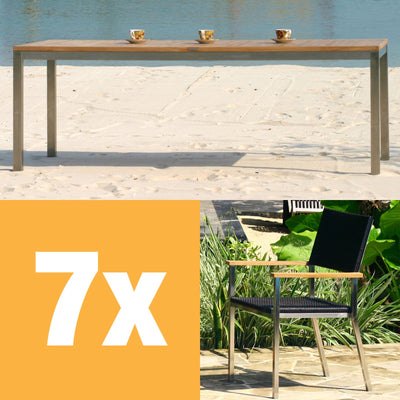 Ensemble Florence 210 composé d'une table à manger Florence 210 x 90 en teck avec acier inoxydable et d'une chaise empilable Florence en osier avec acier inoxydable et teck