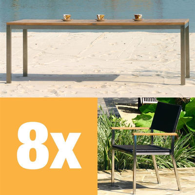 Ensemble Florence 210 composé d'une table à manger Florence 210 x 90 en teck avec acier inoxydable et d'une chaise empilable Florence en osier avec acier inoxydable et teck