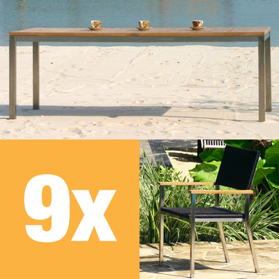 Ensemble Florence 210 composé d'une table à manger Florence 210 x 90 en teck avec acier inoxydable et d'une chaise empilable Florence en osier avec acier inoxydable et teck