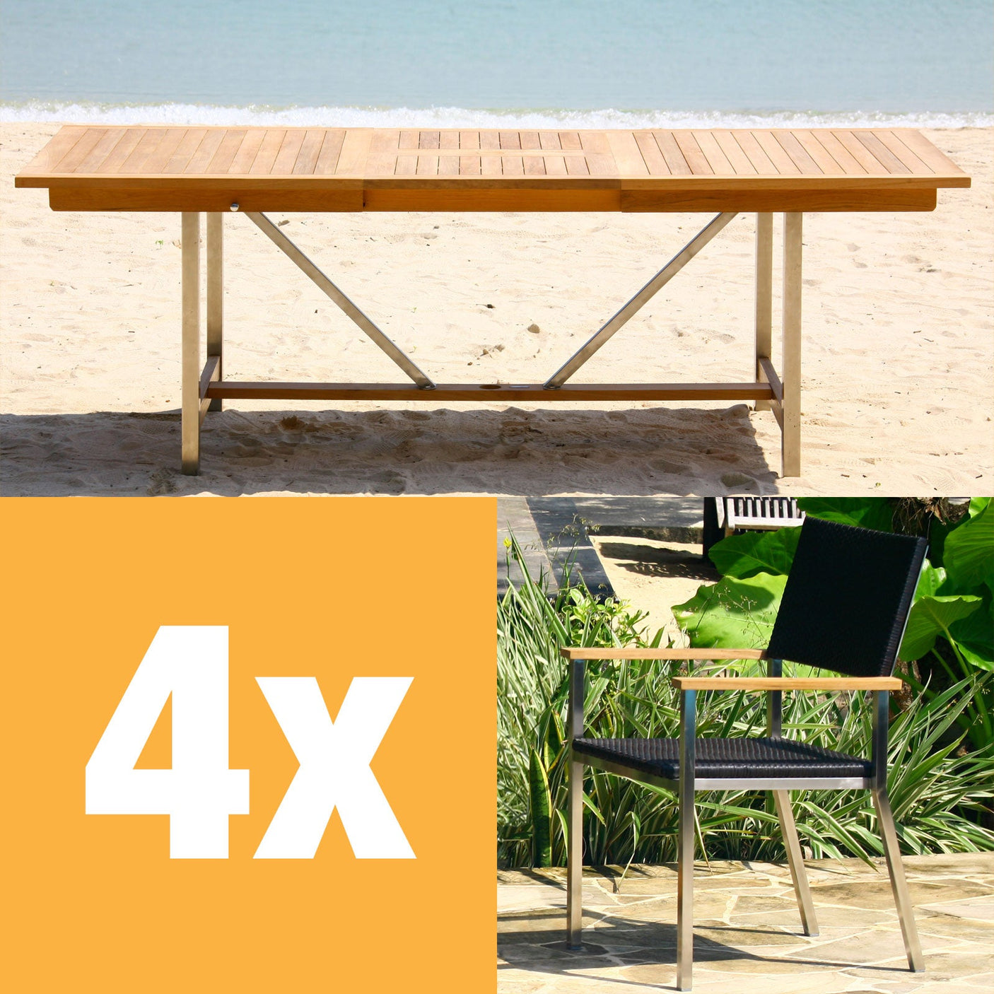 Ensemble de table extensible Florence 220 composé d'une table extensible Moselle 220/160x100 en teck avec structure en acier inoxydable et de chaises empilables Florence en osier avec acier inoxydable et teck