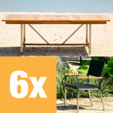 Ensemble de table extensible Florence 220 composé d'une table extensible Moselle 220/160x100 en teck avec structure en acier inoxydable et de chaises empilables Florence en osier avec acier inoxydable et teck