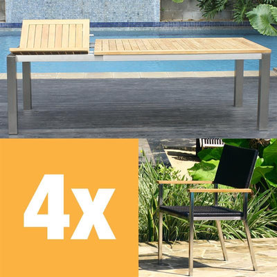 Ensemble de table à rallonge frontale Florence 230 composé d'une table à rallonge frontale Florence 230/160 x 100 en teck avec structure en acier inoxydable et de chaises empilables Florence en osier avec acier inoxydable et teck