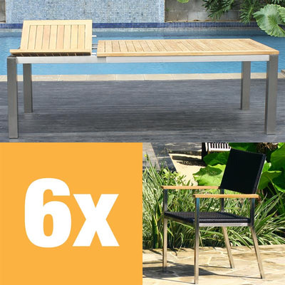 Ensemble de table à rallonge frontale Florence 230 composé d'une table à rallonge frontale Florence 230/160 x 100 en teck avec structure en acier inoxydable et de chaises empilables Florence en osier avec acier inoxydable et teck