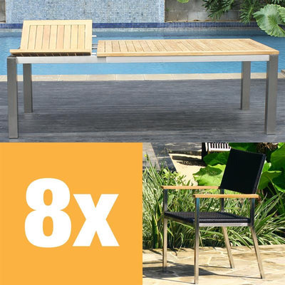 Ensemble de table à rallonge frontale Florence 230 composé d'une table à rallonge frontale Florence 230/160 x 100 en teck avec structure en acier inoxydable et de chaises empilables Florence en osier avec acier inoxydable et teck